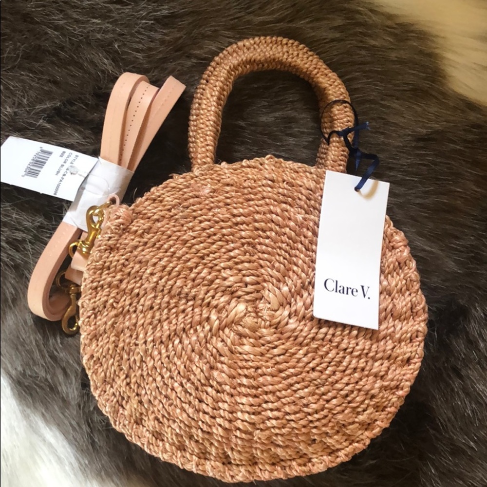 Clare V. Circle straw bag with leather cross body